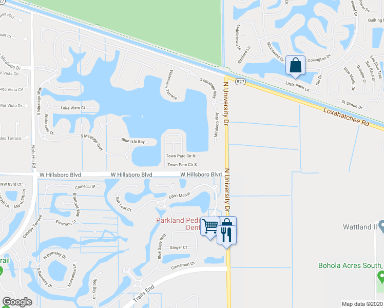 map of restaurants, bars, coffee shops, grocery stores, and more near 9590 Town Parc Circle North in Parkland