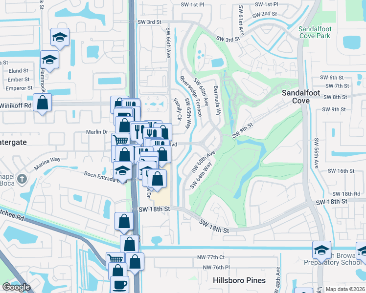 map of restaurants, bars, coffee shops, grocery stores, and more near 1441 Southwest 65th Way in Boca Raton