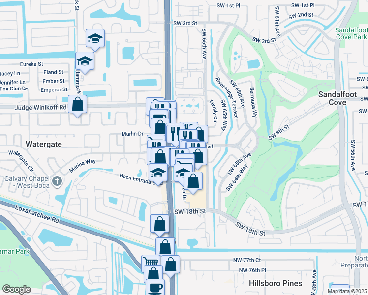 map of restaurants, bars, coffee shops, grocery stores, and more near 10330 Sandalfoot Boulevard in Boca Raton