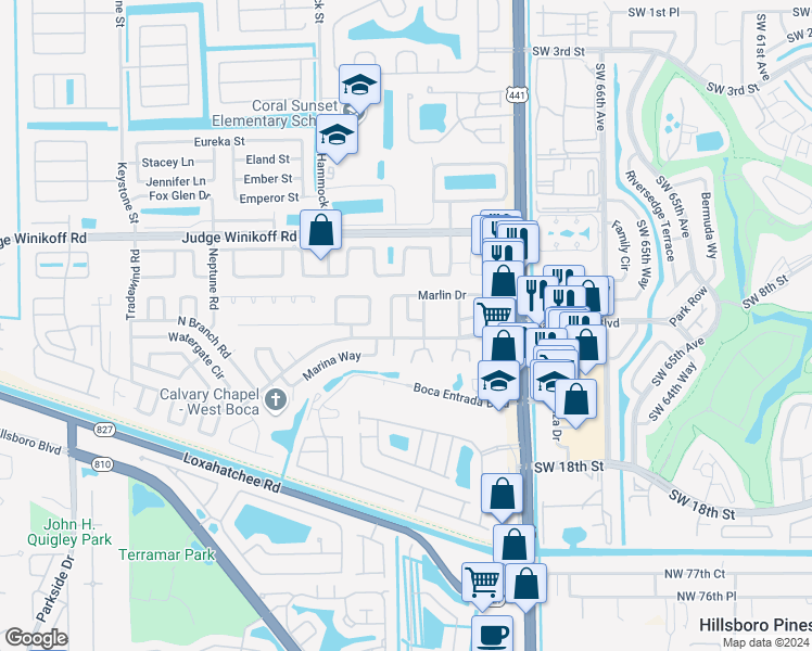 map of restaurants, bars, coffee shops, grocery stores, and more near 22922 Sailfish Road in Boca Raton