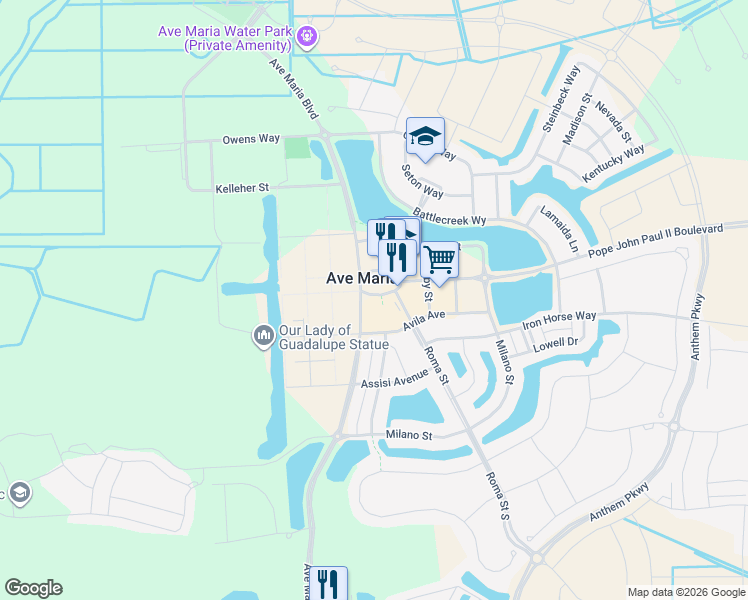 map of restaurants, bars, coffee shops, grocery stores, and more near 158 Avenue Maria Boulevard in Ave Maria
