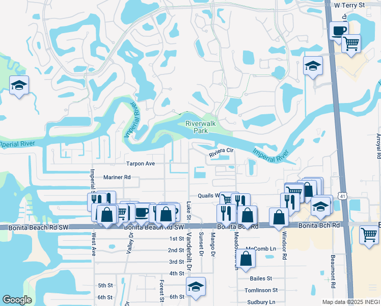 map of restaurants, bars, coffee shops, grocery stores, and more near 27697 Riverdale Lane in Bonita Springs