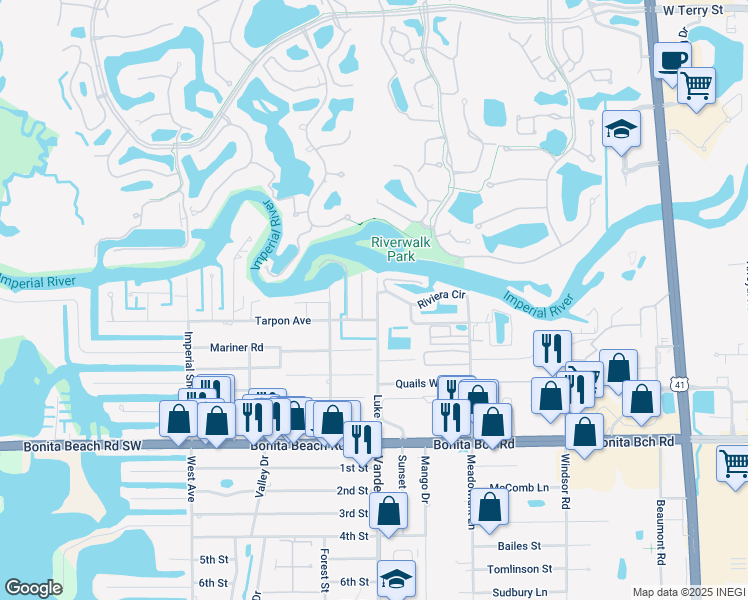 map of restaurants, bars, coffee shops, grocery stores, and more near 27697 Riverdale Lane in Bonita Springs