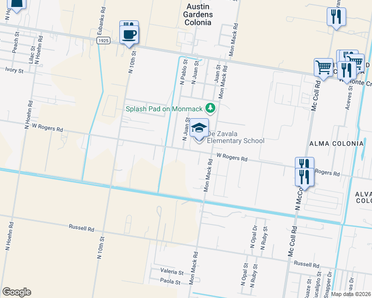 map of restaurants, bars, coffee shops, grocery stores, and more near 3702 West Rogers Road in Edinburg