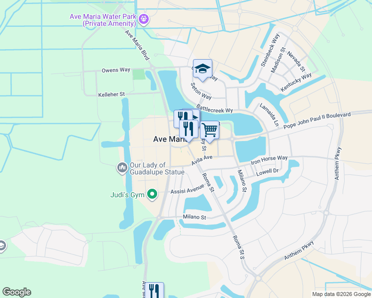 map of restaurants, bars, coffee shops, grocery stores, and more near 5076 Annunciation Circle in Ave Maria