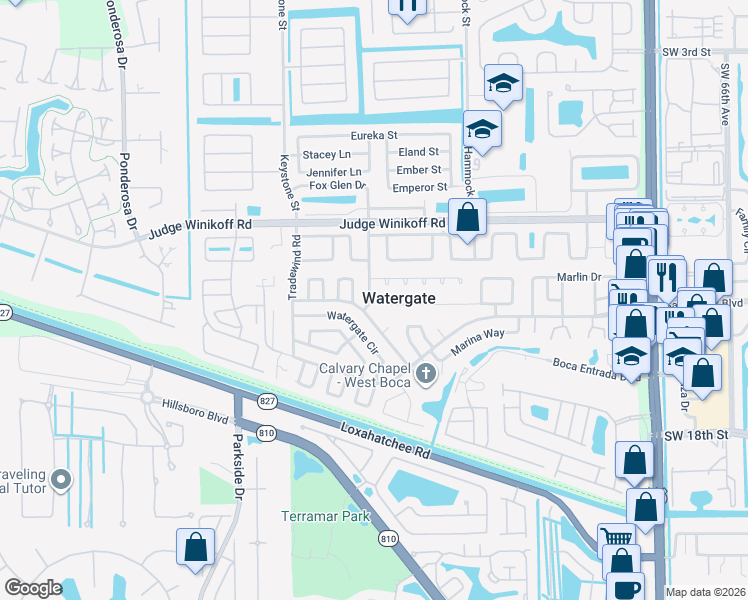 map of restaurants, bars, coffee shops, grocery stores, and more near 11790 North Branch Road in Boca Raton