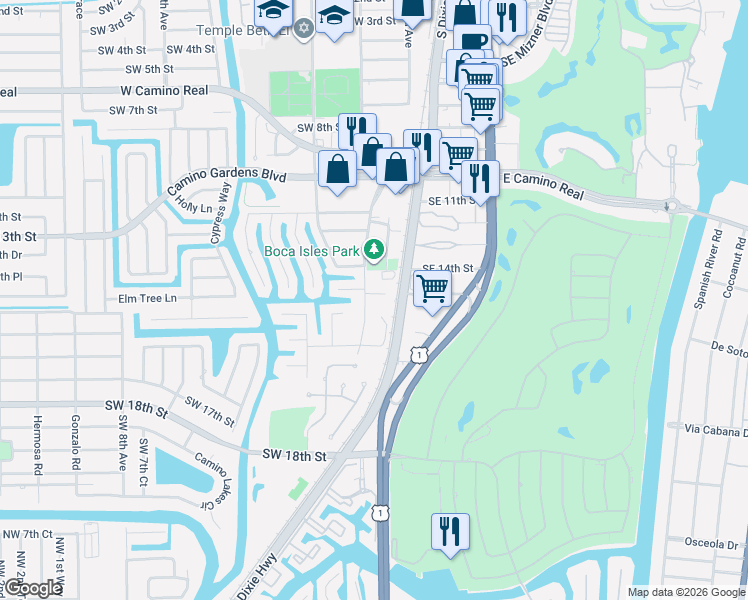 map of restaurants, bars, coffee shops, grocery stores, and more near 1 Southwest 1st Avenue in Boca Raton