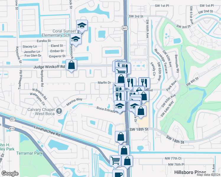 map of restaurants, bars, coffee shops, grocery stores, and more near 10145 Southwest Sandalfoot Boulevard in Boca Raton