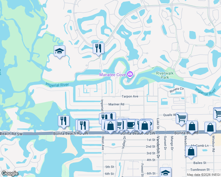 map of restaurants, bars, coffee shops, grocery stores, and more near 4460 Tarpon Avenue in Bonita Springs