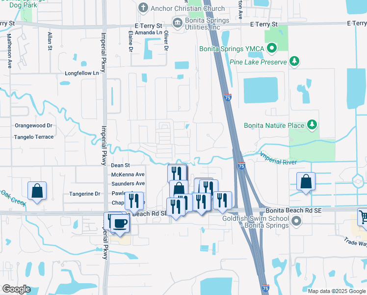 map of restaurants, bars, coffee shops, grocery stores, and more near 2030 Blue Bird Lane in Bonita Springs