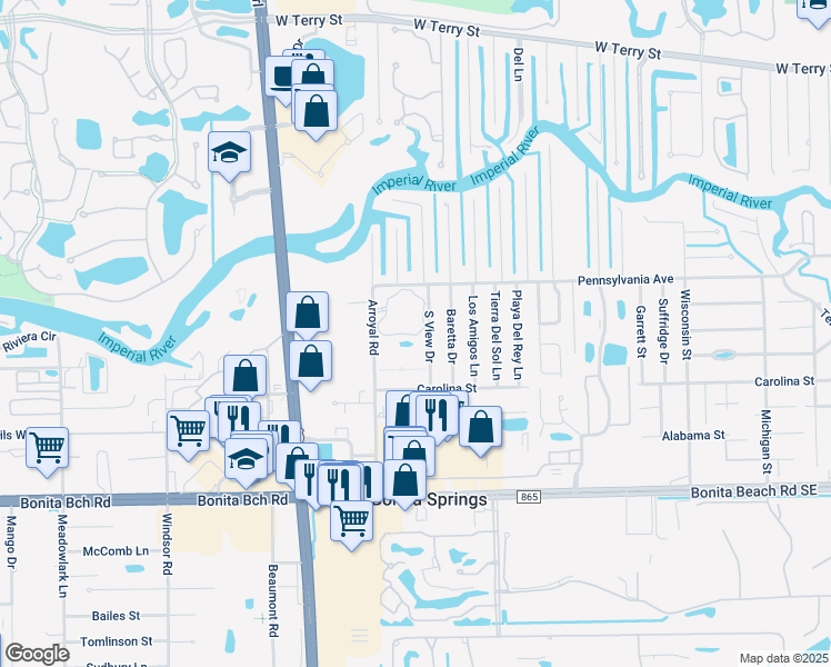 map of restaurants, bars, coffee shops, grocery stores, and more near 27541 South View Drive in Bonita Springs