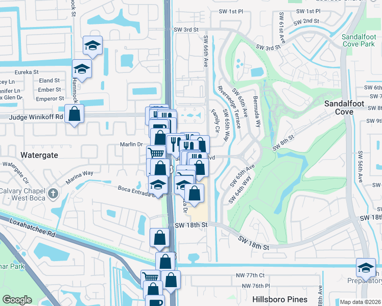 map of restaurants, bars, coffee shops, grocery stores, and more near 9949 Sandalfoot Boulevard in Boca Raton
