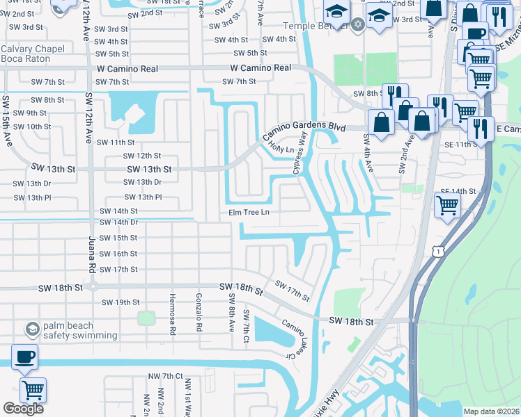 map of restaurants, bars, coffee shops, grocery stores, and more near 722 Peachtree Lane in Boca Raton