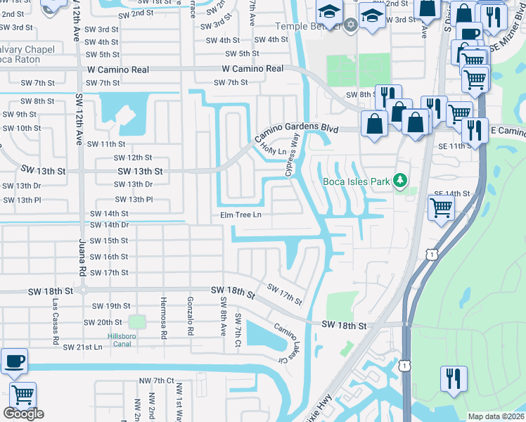 map of restaurants, bars, coffee shops, grocery stores, and more near 722 Peachtree Lane in Boca Raton