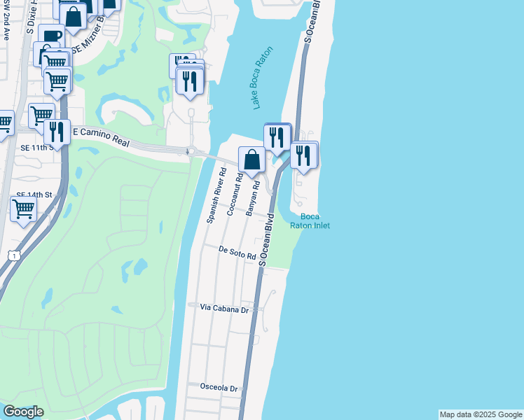 map of restaurants, bars, coffee shops, grocery stores, and more near 1040 Banyan Road in Boca Raton