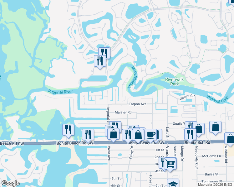 map of restaurants, bars, coffee shops, grocery stores, and more near 27559 Tarpon Way in Bonita Springs
