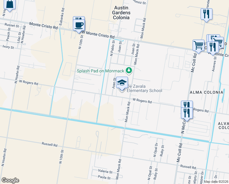 map of restaurants, bars, coffee shops, grocery stores, and more near 2902 North Juan Street in Edinburg