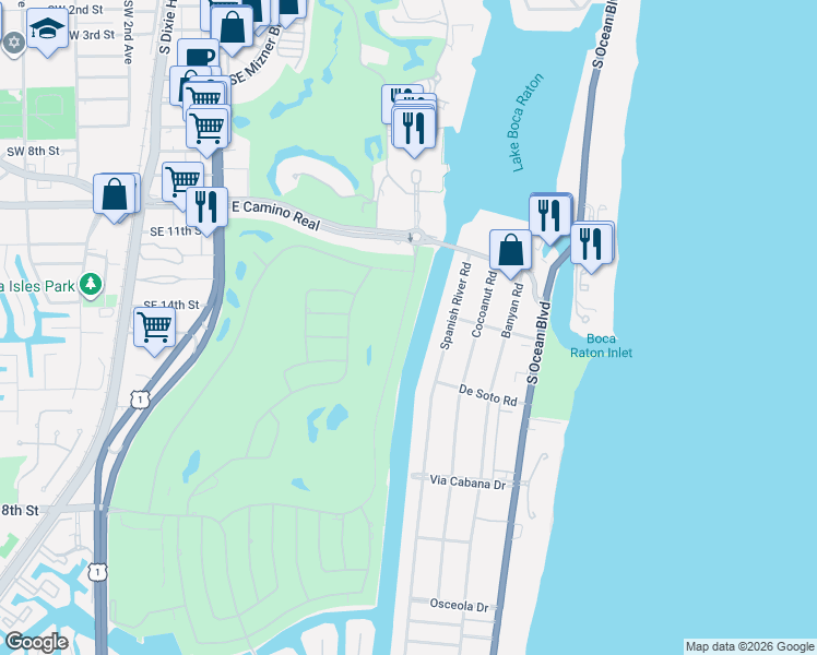 map of restaurants, bars, coffee shops, grocery stores, and more near 1339 Royal Palm Way in Boca Raton