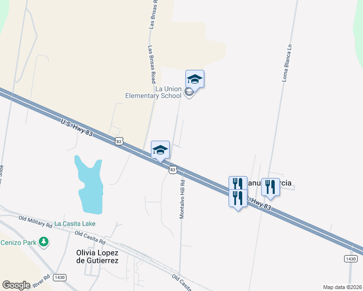 map of restaurants, bars, coffee shops, grocery stores, and more near 103 Ivy Lane in Rio Grande City