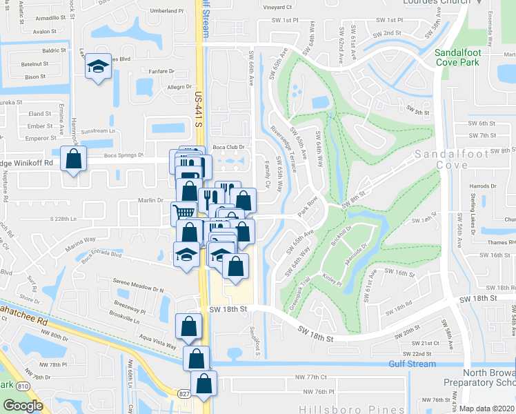 map of restaurants, bars, coffee shops, grocery stores, and more near 22838 Southwest 65th Way in Boca Raton