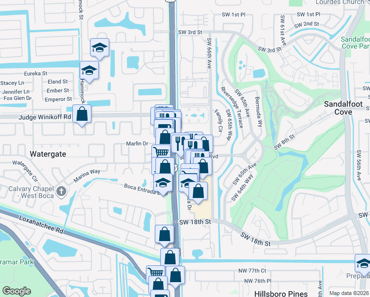 map of restaurants, bars, coffee shops, grocery stores, and more near 9949 Sandalfoot Boulevard in Boca Raton