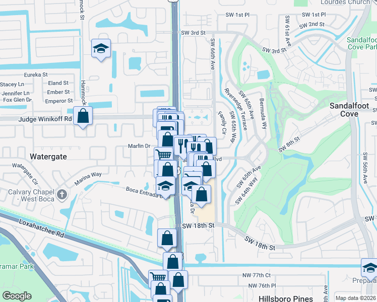 map of restaurants, bars, coffee shops, grocery stores, and more near 9949 Sandalfoot Boulevard in Boca Raton