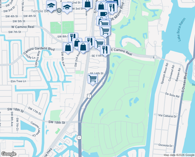 map of restaurants, bars, coffee shops, grocery stores, and more near 44 Southeast 14th Street in Boca Raton