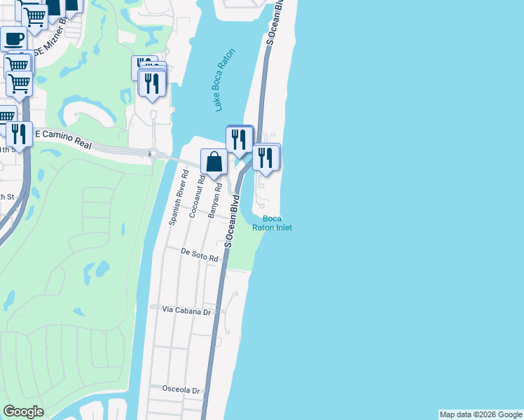 map of restaurants, bars, coffee shops, grocery stores, and more near 1000 South Ocean Boulevard in Boca Raton