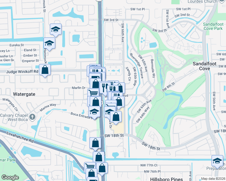 map of restaurants, bars, coffee shops, grocery stores, and more near 9949 Sandalfoot Boulevard in Boca Raton