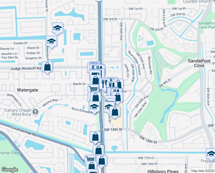 map of restaurants, bars, coffee shops, grocery stores, and more near 9949 Sandalfoot Boulevard in Boca Raton