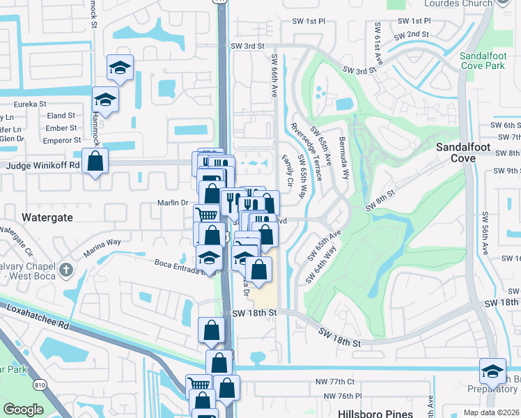 map of restaurants, bars, coffee shops, grocery stores, and more near 9911 Southwest Sandalfoot Boulevard in Boca Raton
