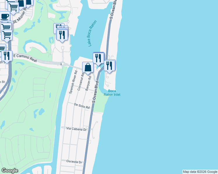 map of restaurants, bars, coffee shops, grocery stores, and more near 1000 South Ocean Boulevard in Boca Raton