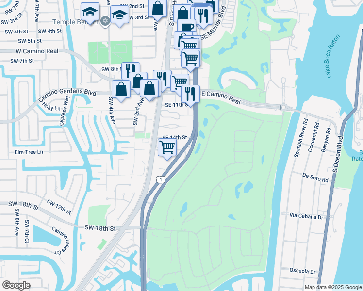 map of restaurants, bars, coffee shops, grocery stores, and more near 44 Southeast 14th Street in Boca Raton