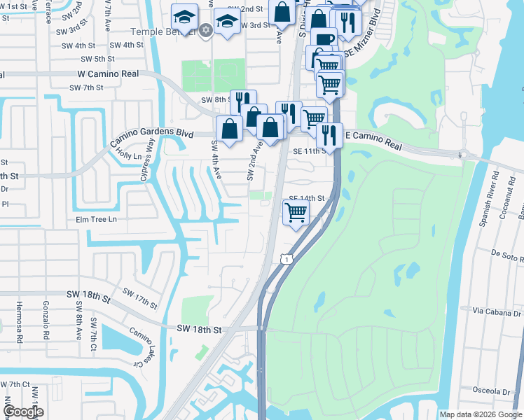 map of restaurants, bars, coffee shops, grocery stores, and more near 100 Southwest 14th Street in Boca Raton