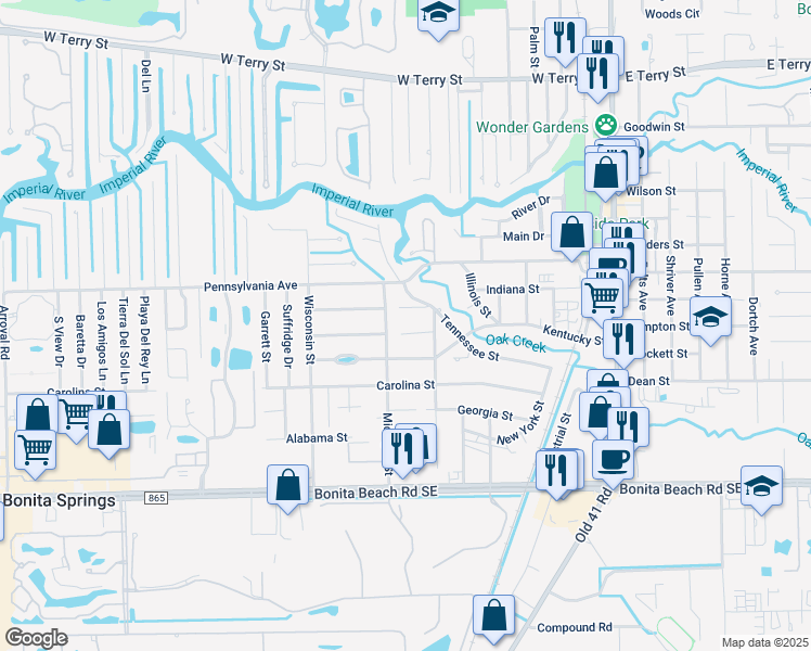 map of restaurants, bars, coffee shops, grocery stores, and more near 9980 Delaware Street in Bonita Springs
