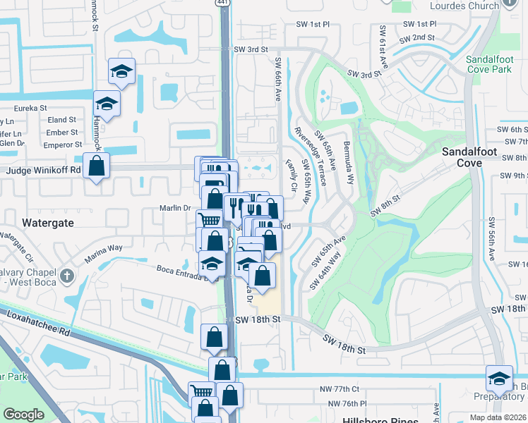 map of restaurants, bars, coffee shops, grocery stores, and more near 9855 Sandalfoot Boulevard in Boca Raton