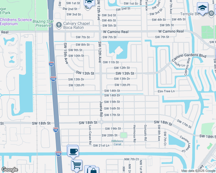 map of restaurants, bars, coffee shops, grocery stores, and more near 1148 Southwest 13th Place in Boca Raton
