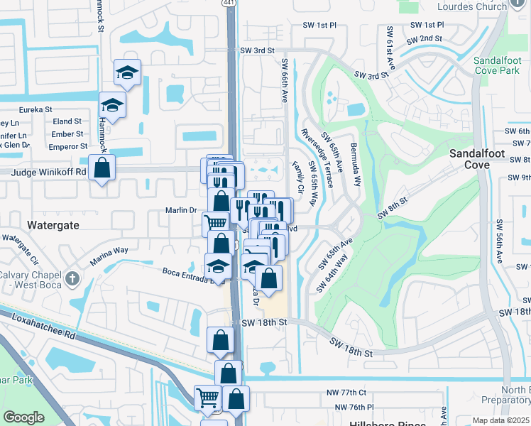 map of restaurants, bars, coffee shops, grocery stores, and more near 9855 Sandalfoot Boulevard in Boca Raton