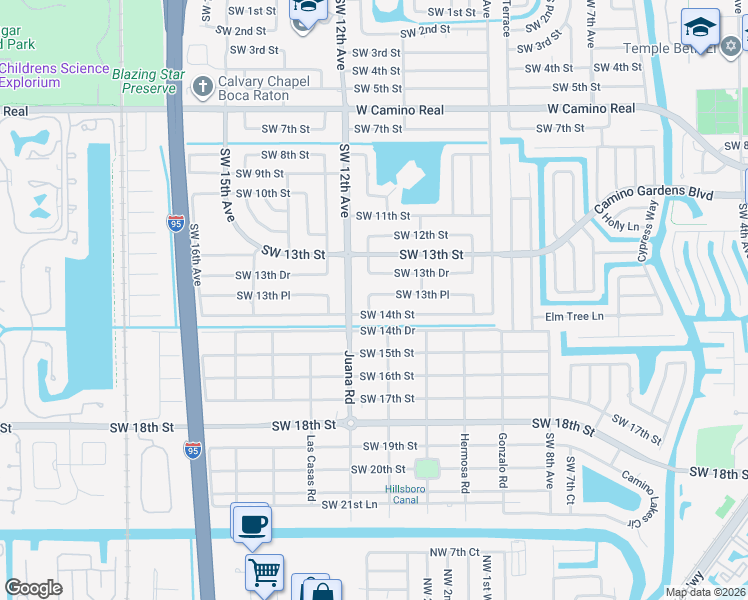 map of restaurants, bars, coffee shops, grocery stores, and more near 1148 Southwest 13th Place in Boca Raton