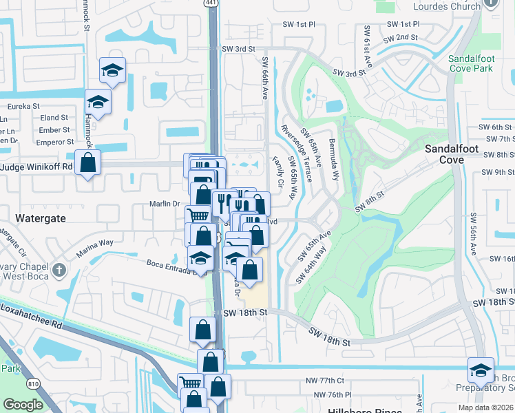 map of restaurants, bars, coffee shops, grocery stores, and more near 9855 Sandalfoot Boulevard in Boca Raton