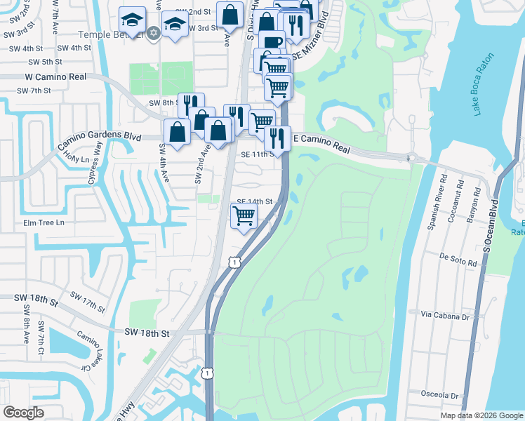 map of restaurants, bars, coffee shops, grocery stores, and more near 44 Southeast 14th Street in Boca Raton