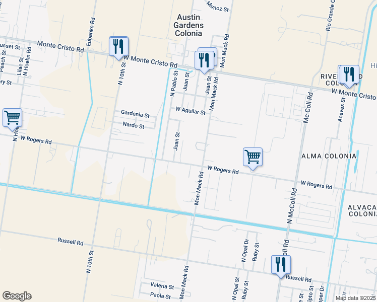 map of restaurants, bars, coffee shops, grocery stores, and more near 3615 West Rogers Road in Edinburg