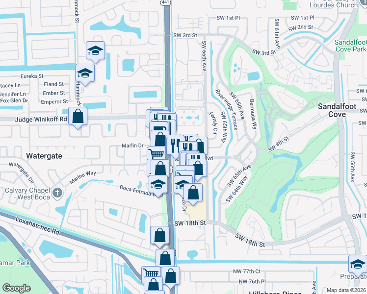 map of restaurants, bars, coffee shops, grocery stores, and more near 9949 Sandalfoot Boulevard in Boca Raton
