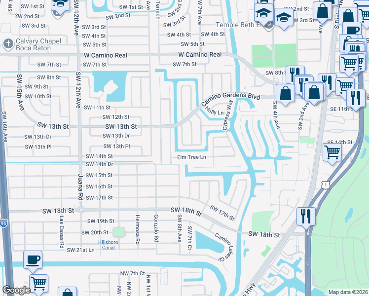 map of restaurants, bars, coffee shops, grocery stores, and more near 762 Peachtree Lane in Boca Raton