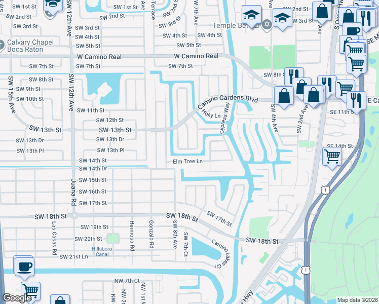 map of restaurants, bars, coffee shops, grocery stores, and more near 762 Peachtree Lane in Boca Raton