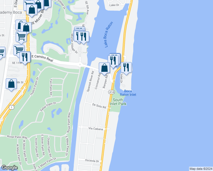 map of restaurants, bars, coffee shops, grocery stores, and more near 1040 Banyan Road in Boca Raton
