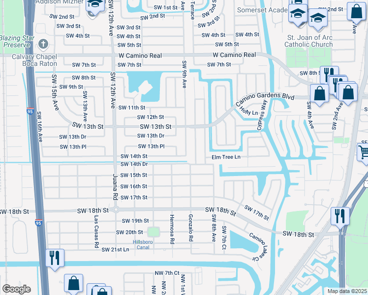map of restaurants, bars, coffee shops, grocery stores, and more near 1377 Southwest 9th Avenue in Boca Raton