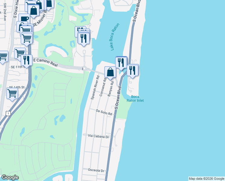 map of restaurants, bars, coffee shops, grocery stores, and more near 1040 Banyan Road in Boca Raton