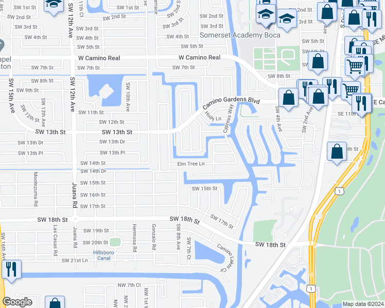 map of restaurants, bars, coffee shops, grocery stores, and more near 744 Peachtree Lane in Boca Raton