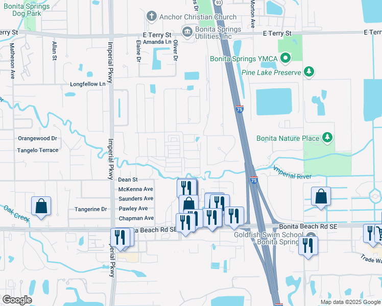 map of restaurants, bars, coffee shops, grocery stores, and more near 2030 Blue Bird Lane in Bonita Springs
